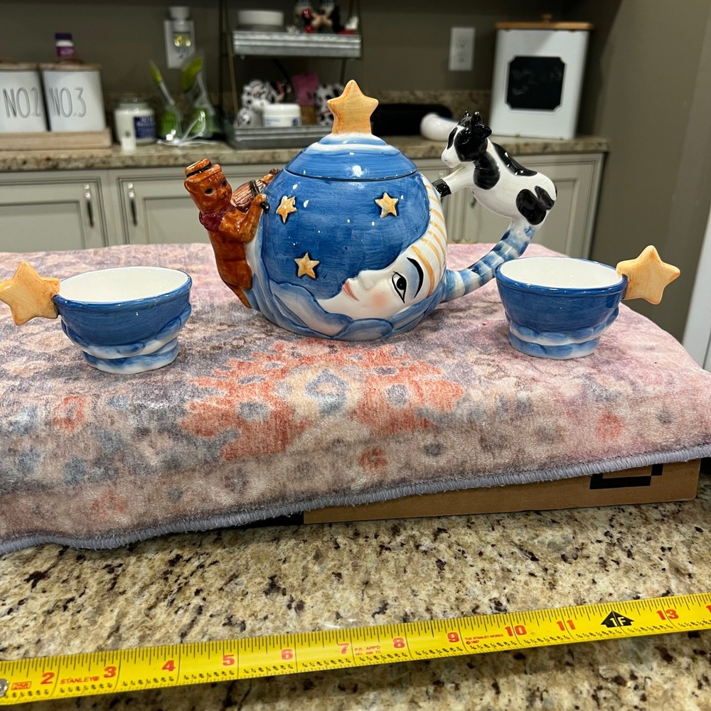 Hey Diddle Diddle Celestial Moon Teapot Set Cow Jumped Over Moon Cat Fiddle 3pc